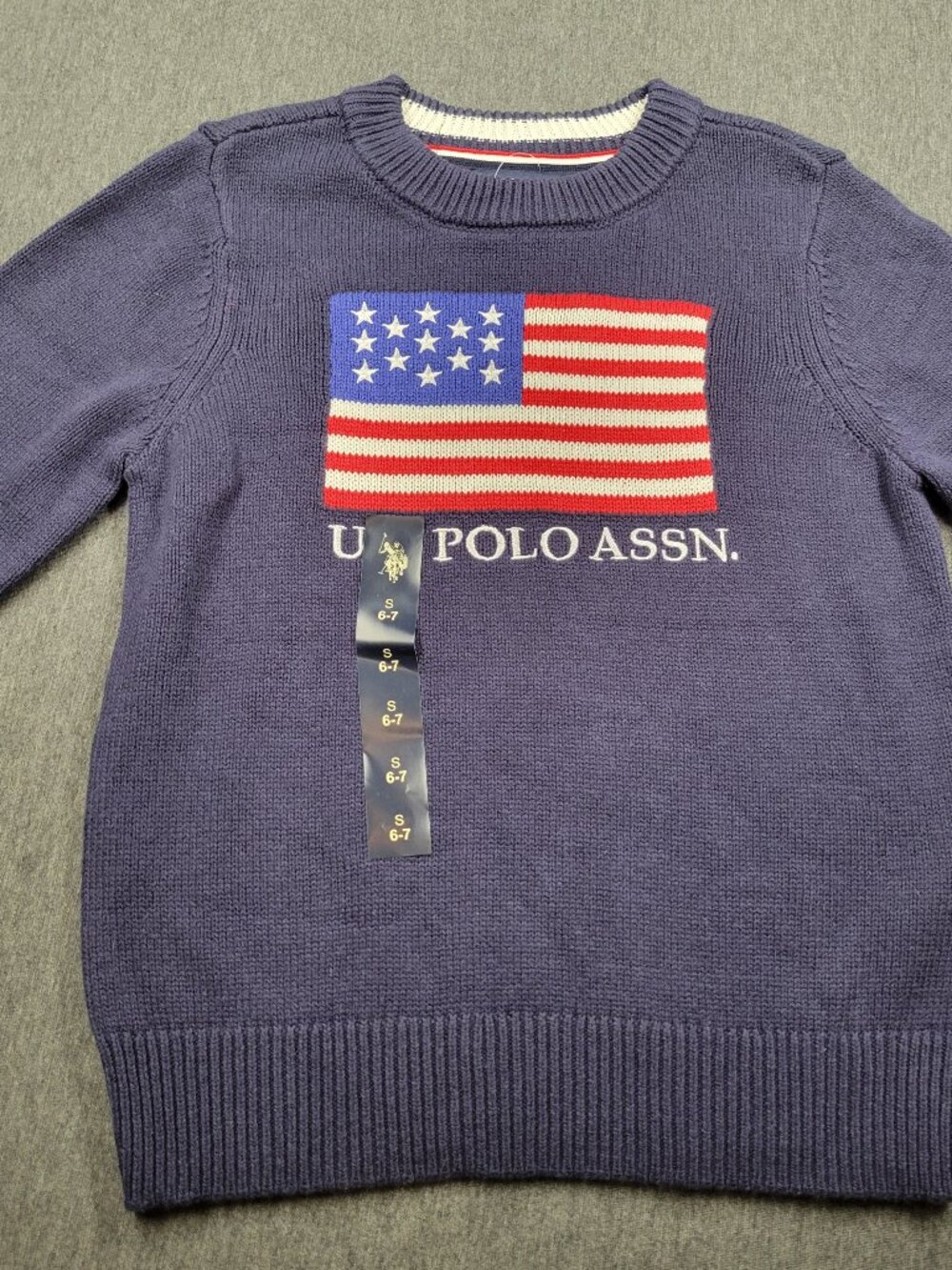 Boys sweater,  U.S. Polo, size 6/7, red, white and blue, new